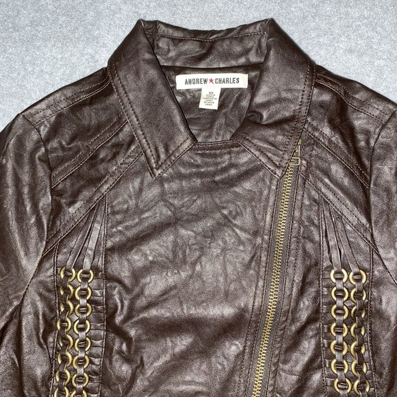 Andrew Charles Moto Jacket‎ XS Brown Faux Leather Chain Detail Asymmetrical Zip - Picture 4 of 15
